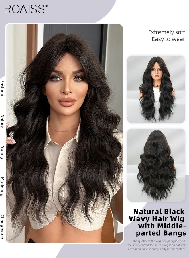 roaiss Natural Black Wavy Hair Wig, Women's Middle Parting Natural Soft Synthetic Heat Resistant Hair Wig for Wedding Cosplay Party Daily Use, 67cm (26 inches) - Image 1